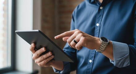 Man in blue shirt using tablet computer with watch and ring focusing on technology and business