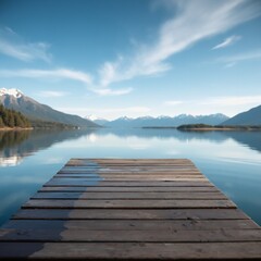 Product presentation template. A view of a wooden dock overlooking a body of water.