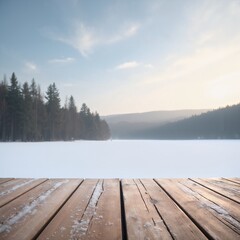 Product presentation template. A close-up view of a wooden deck overlooking a lake.