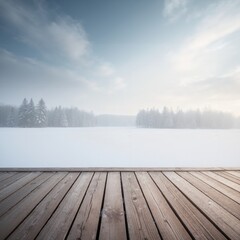 Product presentation template. A view of a wooden deck overlooking a snowy field.