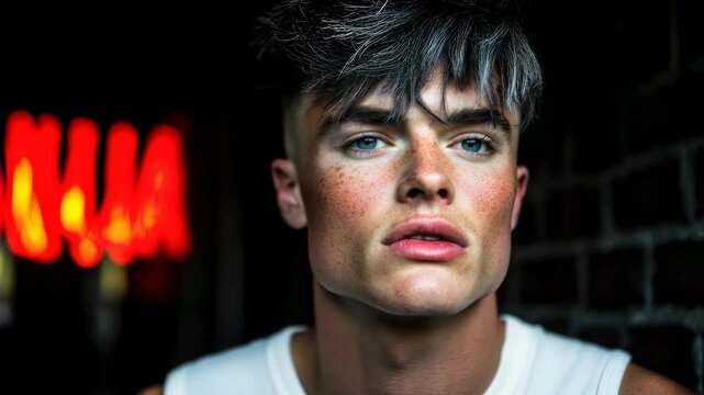 Dynamic neon urban portrait sequence showcasing intense expressions and modern style