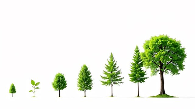 Witness tree growth stages, from seedling to mature plant, isolated on a clean white backdrop.Witness tree growth stages, from seedling to mature plant, isolated on a clean white backdro