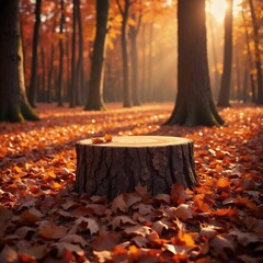 Product presentation template. A tree stump sitting in the middle of a leaf covered forest.