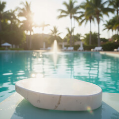 Product presentation template. A marble tray sitting on a table in front of a pool.