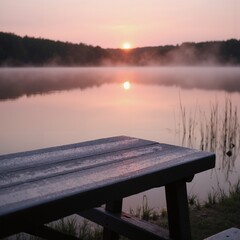 Product presentation template. A wooden picnic table overlooking a lake at sunset.