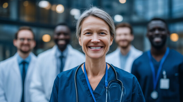 Multicultural medical team wearing scrubs and lab coats gathers around hospital entrance. Focused faces show readiness and trustworthiness, clinical tools visible, bright clean med
