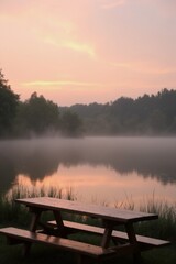 Product presentation template. A wooden picnic table in front of a lake at sunset.