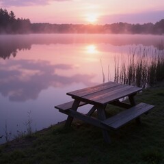 Product presentation template. A wooden picnic table by a lake at sunset.