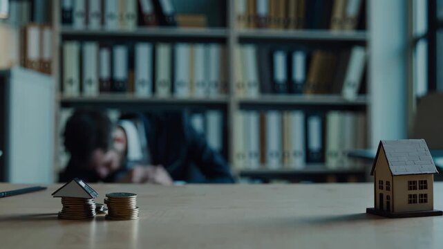 Financial despair affects a businessman sitting at his desk, head down, with stacks of coins and a small house model representing the mortgage and economic difficulties