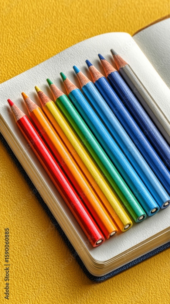 Poster colorful pencils arranged in order on a patterned notebook against a yellow background.