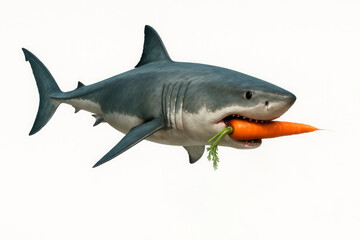 Fototapeta premium Shark with a carrot in its mouth on a white background. Space for text.