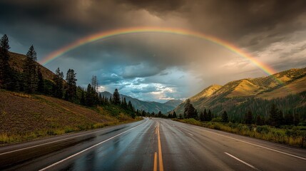 Rainbow over wet mountain road