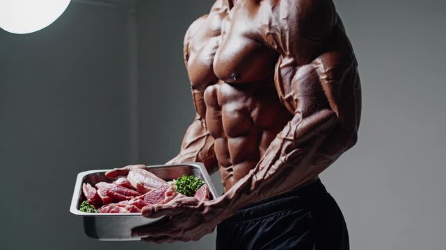 Muscular bodybuilder flexing chiseled physique while presenting raw meat on metal tray, highlighting protein's critical role in muscle development and nutrition strategy