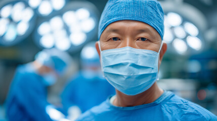 Close-up portrait of surgeon in blue surgical scrubs and face mask staring at camera, surrounded by blurred figures of assisting staff in operating room, bright surgical lights hig