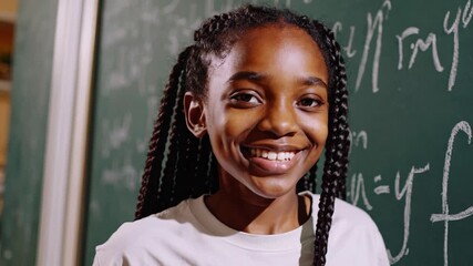 Young female student with braided hair smiles while working on mathematical equations on a chalkboard, demonstrating her engagement and enthusiasm for learning - Powered by Adobe