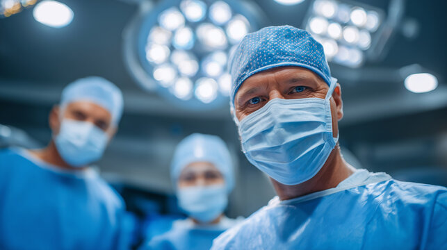 Surgeons in blue scrubs and masks focus on procedure, with one doctor turning briefly to look at camera, conveying teamwork and calm expertise under bright, clean operating room li