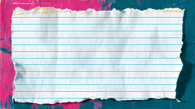 Displaying torn ruled paper sheet on transparent background revealing teal lines and magenta margin. ruled notebook. Illustration