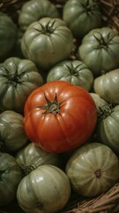 Harvest Bounty: Vibrant Red Tomato Stands Out Amidst Green Unripe Tomatoes
