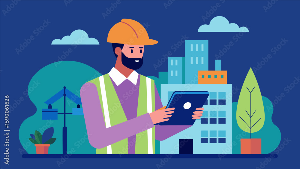 Poster as a construction project nears completion an engineer uses a tablet to create a detailed 3d model o