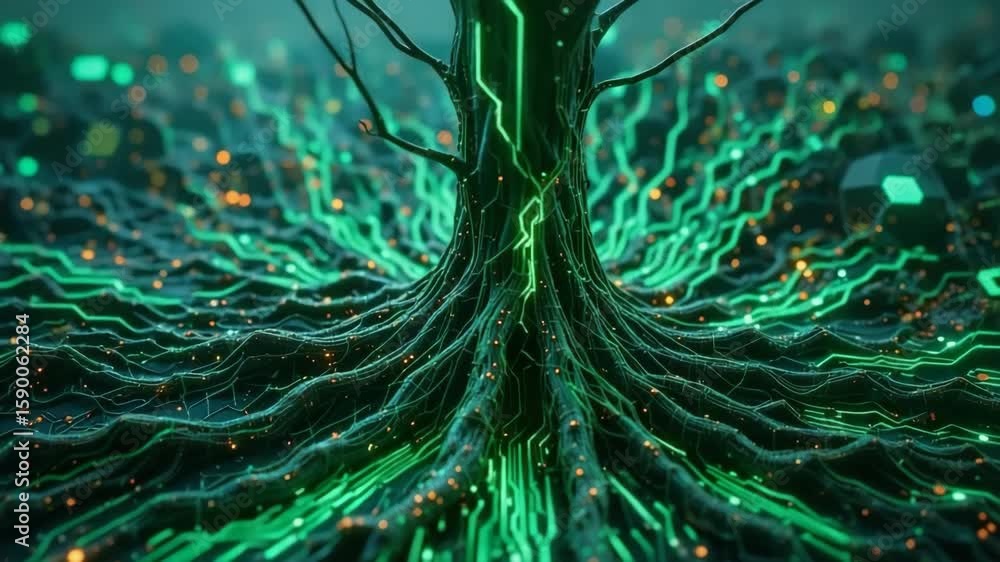 Poster vibrant digital tree roots spreading across futuristic circuit board landscape with glowing data str
