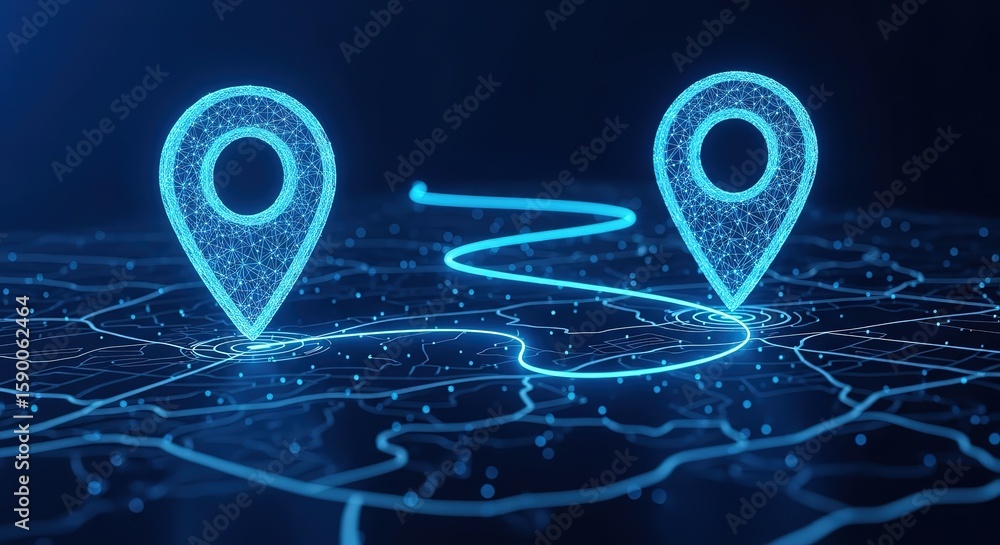 Poster digital map with glowing blue location pins connected by a luminous path on a dark background
