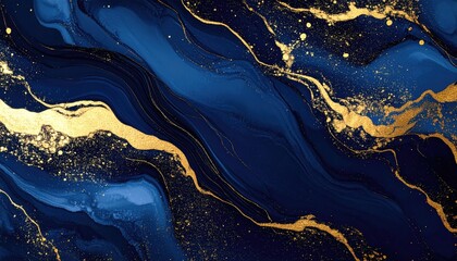 Abstract fluid art, deep blues and golds