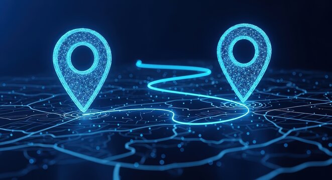 Digital map with glowing blue location pins connected by a luminous path on a dark background