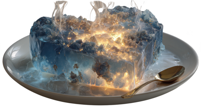 A surreal blue cake with glowing lights and smoke on a plate with a golden spoon isolated on transparent background