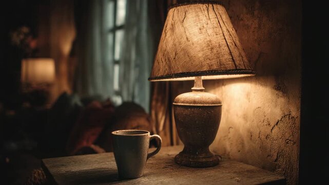 Warmly lit rustic table lamp and ceramic mug on bedside table in cozy vintage room