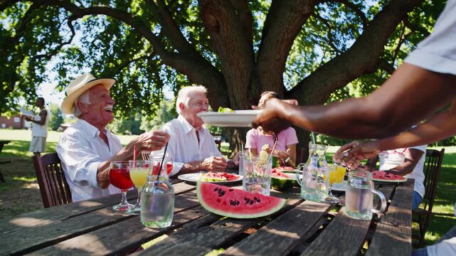 Senior friends and family are gathering around a wooden table under the shade of a large tree, enjoying a meal together in a lively garden setting