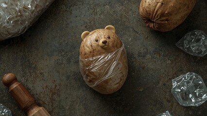 Obraz premium Whimsical Bear-Shaped Dough Wrapped in Plastic Film on a Dark Textured Background with Baking Elements