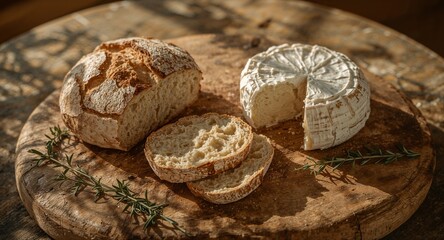 Rustic Homemade Bread and Fresh Cheese on a Wooden Board with Rosemary in Golden Light