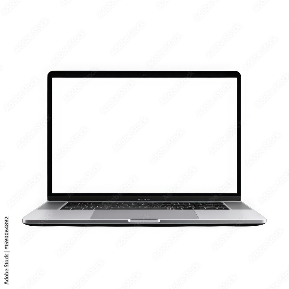 Poster modern silver laptop with blank white screen open and ready for use isolated on transparent backgrou