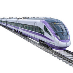 Fototapeta premium Modern high speed passenger train with purple and white livery on train tracks isolated on transparent background