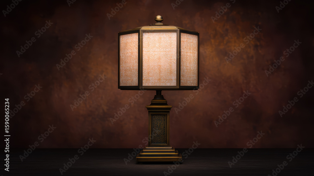 Poster a vintage-style table lamp with a patterned square shade glows warmly against a dark textured backgr