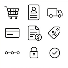 E-Commerce Checkout Icons. Outline style icons of E-Commerce Checkout Flow: shopping cart, address form, shipping truck, payment
