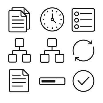 Batch Processing Icons. Outline style icons of Batch Processing Workflow: batch job stack, cron schedule clock, job queue list,