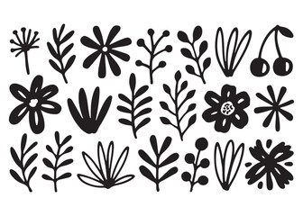 Hand-Drawn Floral Ink Brush Vector Set – Abstract Flowers, Leaves, and Botanical Elements in Grunge Silhouette Style, Art & Illustration.