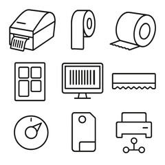 Barcode Printing Icons. Outline style icons of Barcode Printing Station: desktop label printer, ribbon roll, label roll core,
