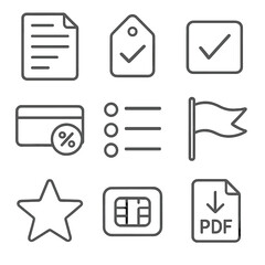 Credit Card Icons. Line style icons of Credit Card Statement: statement sheet, closing date tag, minimum payment box, interest fee