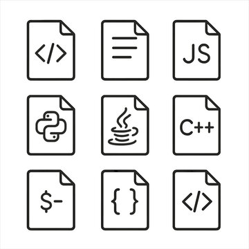 Programming File Icons. Line style icons of Code & Script Files: .html page, .css style, .js script, .py python, .java source,