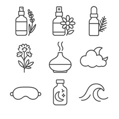 Sleep Relaxation Icons. Line style icons of Sleep & Relax Blends: lavender bedtime spray, chamomile pillow mist, cedarwood night