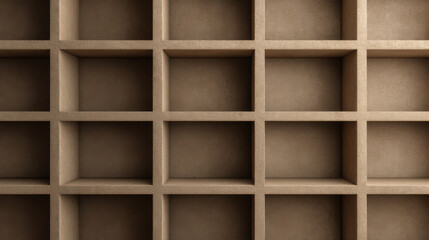 A close-up view of an empty wooden shelf unit with a grid pattern and multiple compartments.
