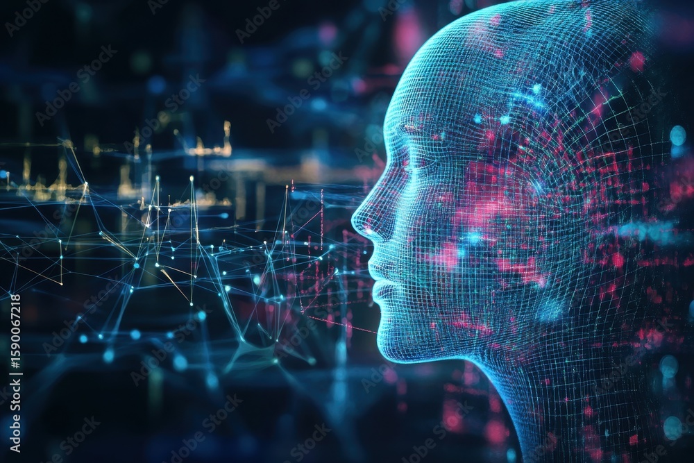 Poster digital human head with network links and glowing data in a virtual setting