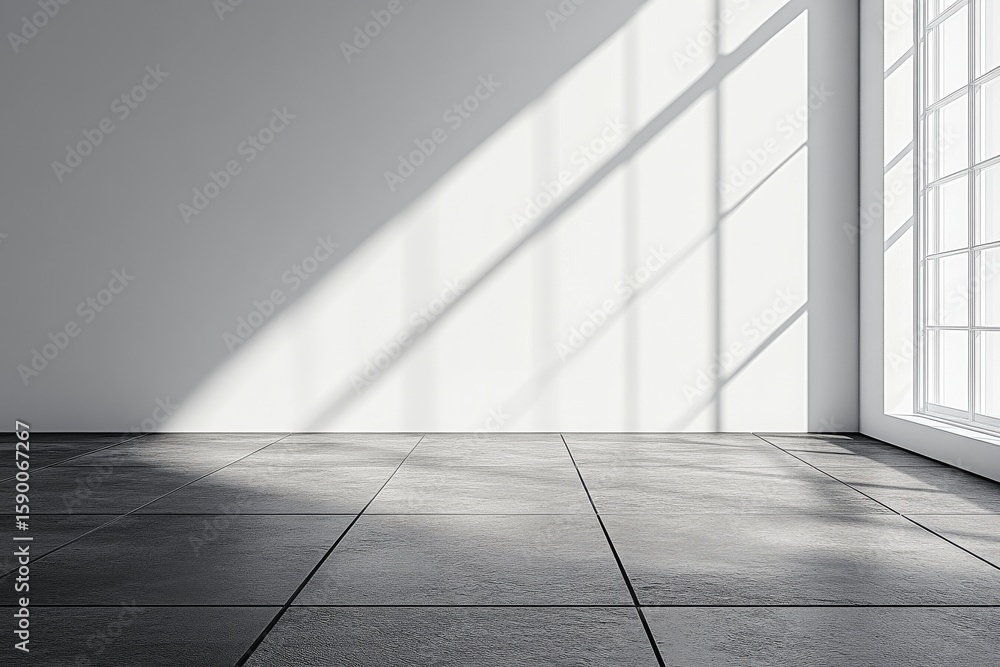 Poster bright sunlight creates striking patterns on a minimalist room with large windows in the afternoon.