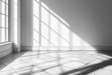 Obraz premium Bright Sunlight Creates Striking Patterns on a Minimalist Room With Large Windows in the Afternoon