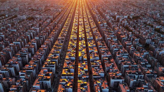 Sunlight cascading over parallel building rows, transforming urban grid with golden reflections across rooftops and windows during warm evening light