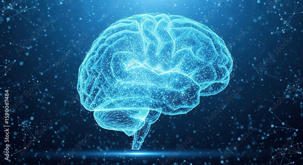 Poster abstract digital representation of a glowing blue human brain with interconnected nodes and particle