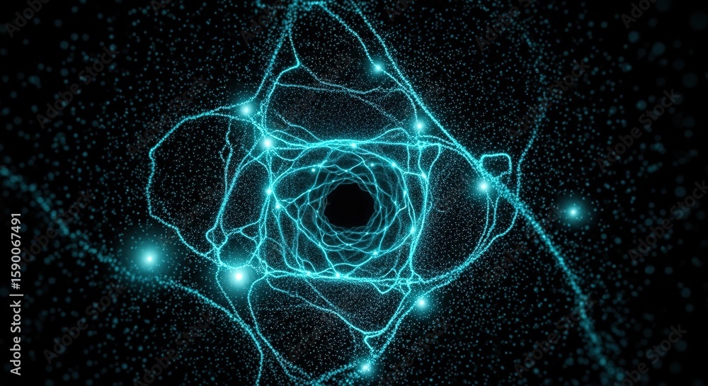 Poster abstract glowing blue particle network forming a tunnel with bright light sources against a dark bac