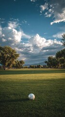 Fototapeta premium Soccer Ball Resting on Green Grass Under a Cloudy Sky in a Park During Late Afternoon